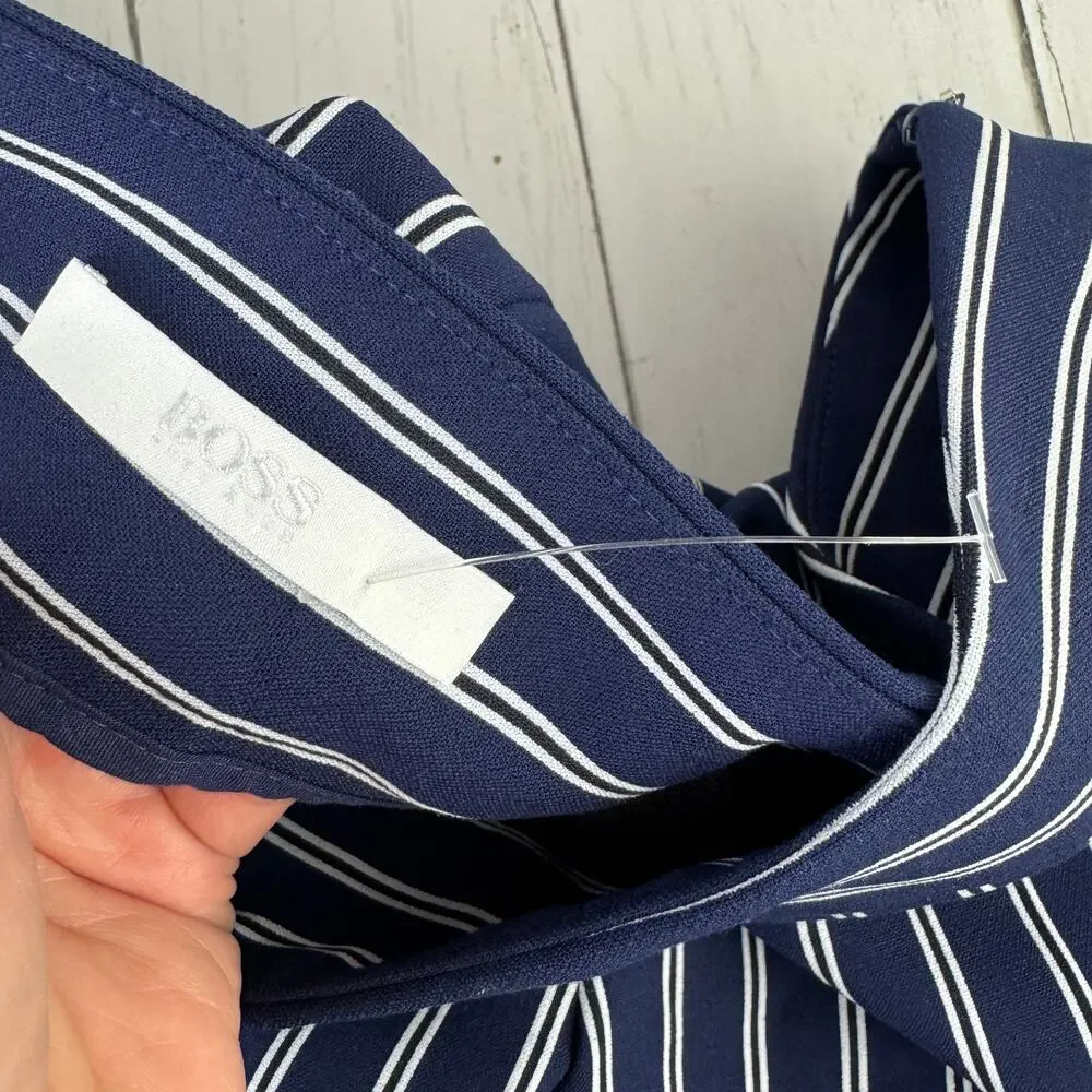 Hugo Boss Navy White Striped Tebella Cropped Bootcut Dress Pant Side Zip Size 8